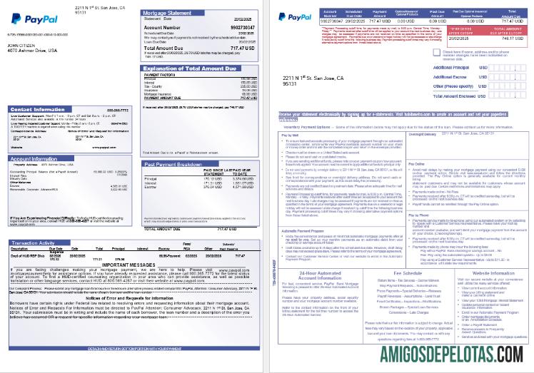 Extrato de hipoteca do PayPal nos EUA em formatos Word e PDF, 3 páginas amostra